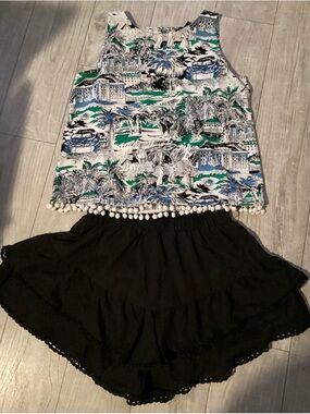 Ann Taylor Tropical Print Sleeveless Top in White, Green, Blue, Black with skirt